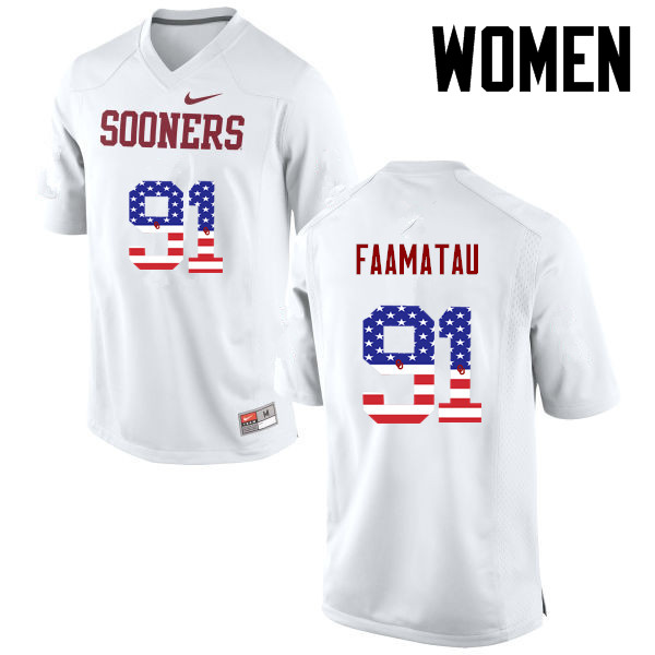 Women Oklahoma Sooners #91 Dillion Faamatau College Football USA Flag Fashion Jerseys-White - Click Image to Close